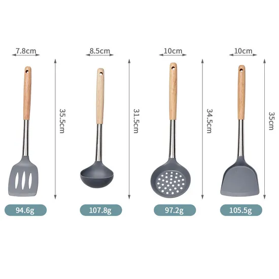 Utensilios de cocina a prueba de calor del silicón de la categoría alimenticia que fríen la pala de cocinar con la manija de madera