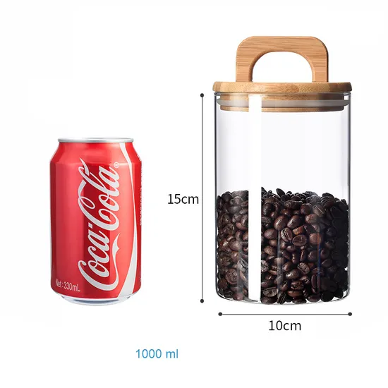Tarro de cristal de cristal resistente al calor del recipiente de almacenamiento del café con las tapas de madera de bambú de la manija