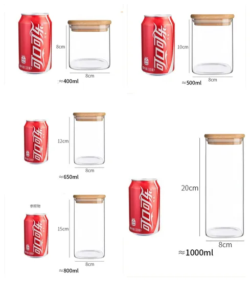 Frascos de vidrio de vidrio transparente para almacenamiento de alimentos con tapa de bambú hermética