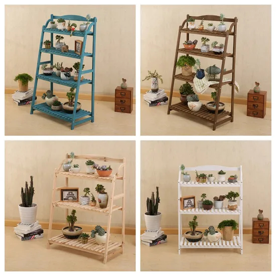 Estante simple y moderno de almacenamiento de flores de madera maciza de cuatro capas para macetas de plantas suculentas al aire libre
