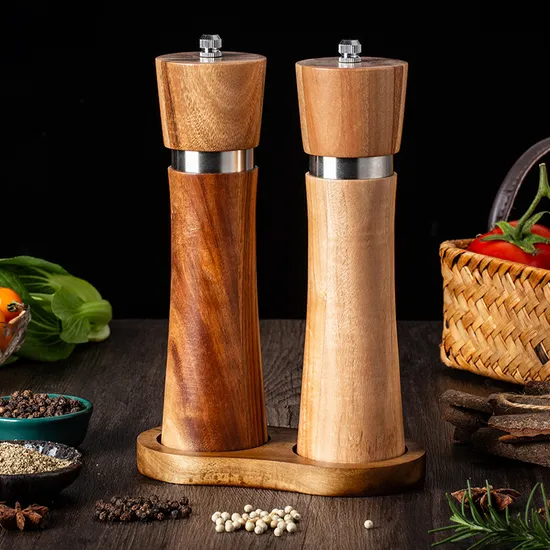 Molinillo de especias manual de madera de Acacia con anillo de acero inoxidable