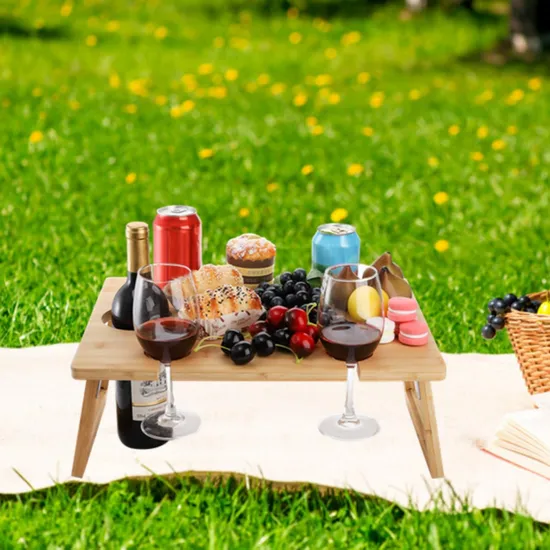Mesa de picnic de bambú rectangular plegable para vino para exteriores