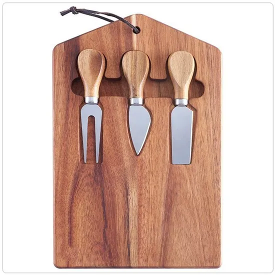 Juego de tabla de quesos de madera de acacia hecha a mano con tenedor, cuchillos y correas de cuero