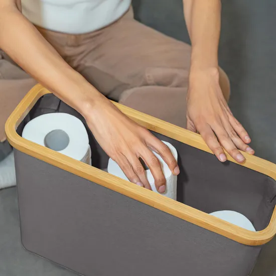 Portarrollos de papel higiénico de color gris resistente al agua con tapa de bambú