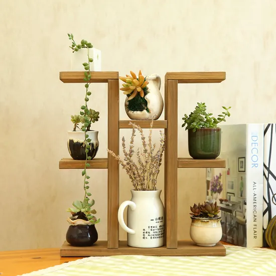 Estante de escritorio multicapa de madera maciza con soporte para flores para libros/juguetes/plantas