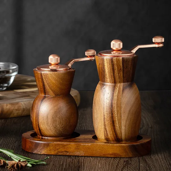 Jarrón molinillo de sal y pimienta de madera de acacia con manivela y bandeja