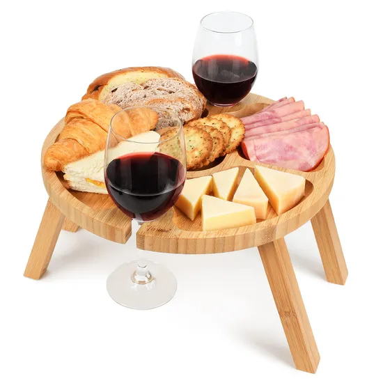 Bandeja de aperitivos de mesa de camping de bambú redonda portátil y plegable para picnic