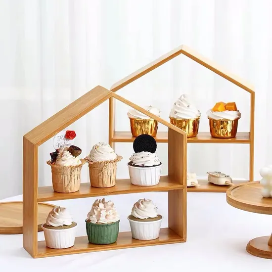 Fabricación de la casa forma 2 niveles de madera soporte para pastel de taza estante de pastel de bambú para postre