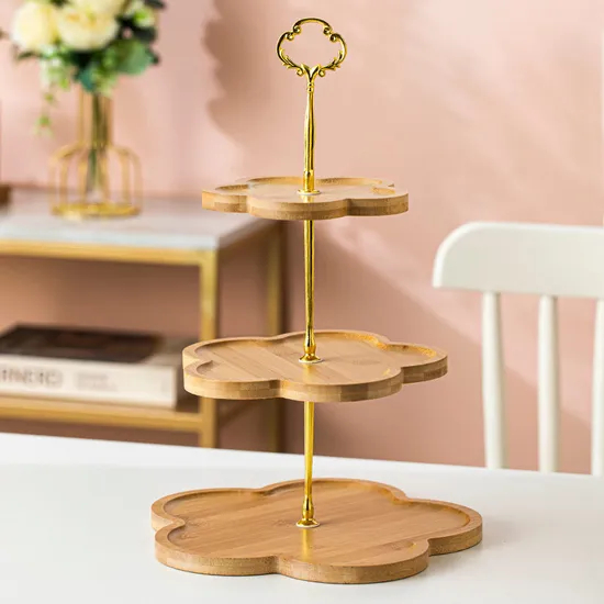 Soporte de exhibición de plato de pastel de bambú moderno de 3 niveles con mango de metal
