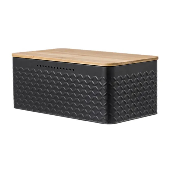Caja de pan rectangular de Metal, contenedor de almacenamiento de pan con tapa de madera y rejilla