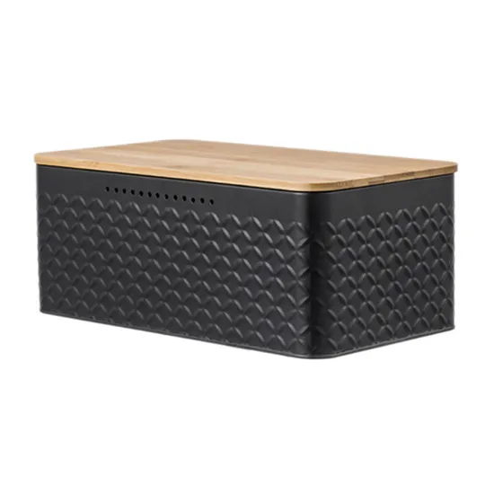 Caja de pan rectangular de Metal, contenedor de almacenamiento de pan con tapa de madera y rejilla