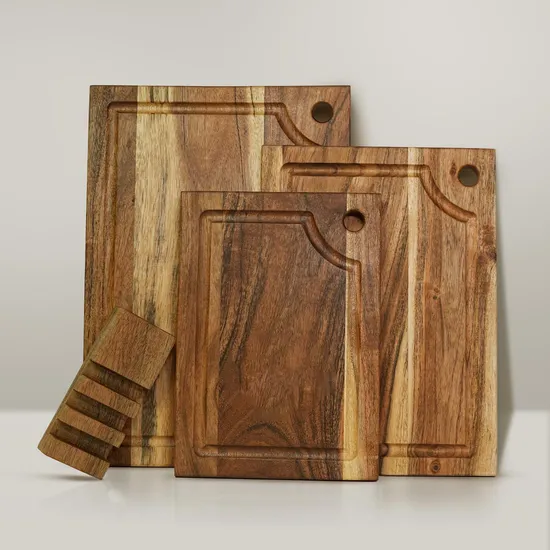 Juego de tablas de cortar orgánicas de acacia de 3 piezas con ranura para jugo