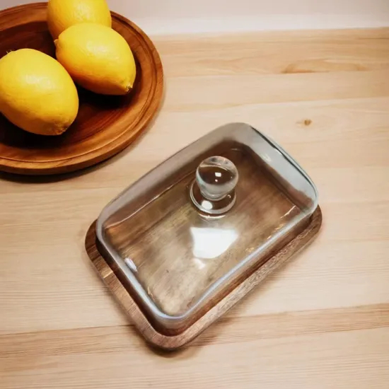 Soporte de pastel de madera de acacia pequeño rectangular con cúpula de vidrio para uso doméstico