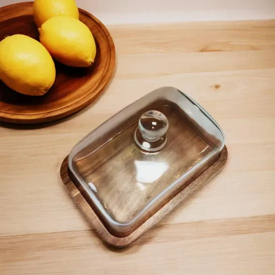 Soporte de pastel de madera de acacia pequeño rectangular con cúpula de vidrio para uso doméstico
