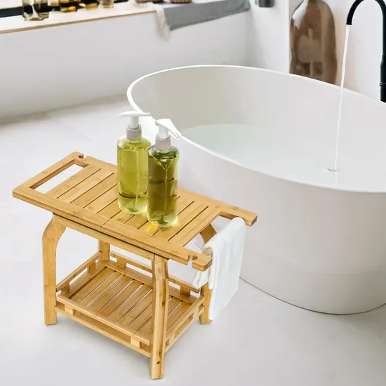 Taburete de madera multifuncional para cambiar zapatos, taburete de ducha de baño de bambú de dos capas con suspensión de toalla
