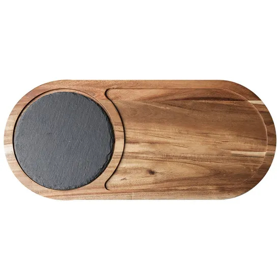 Bandeja de servicio de plato de aperitivos de madera de acacia de forma ovalada con tablero de pizarra