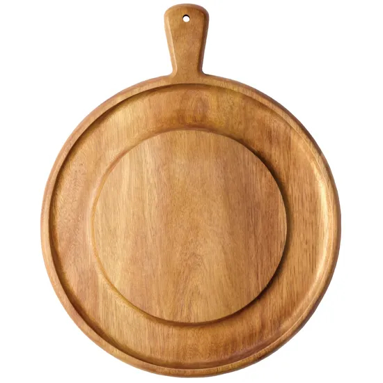 Tabla redonda para embutidos de madera de acacia, tabla para quesos con mango