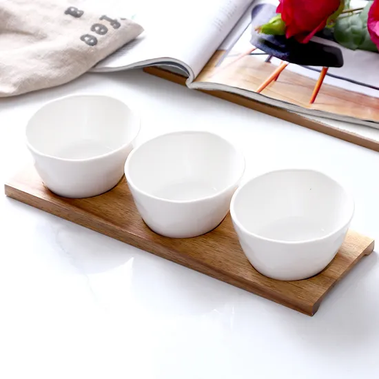 Elegante juego de cuencos de cerámica para servir aperitivos con bandeja de madera para frutas, aperitivos y postres
