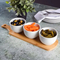 Elegante juego de cuencos Tidbit blancos de 3 piezas con bandeja de bambú para servir