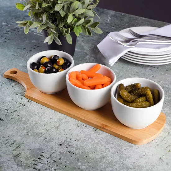 Elegante juego de cuencos Tidbit blancos de 3 piezas con bandeja de bambú para servir