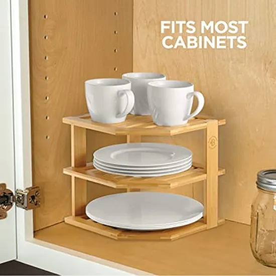 Estante esquinero de cocina de bambú, organizador, gabinete, estante esquinero con 3 capas para platos/platos/cuencos
