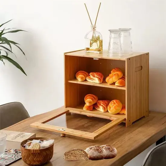 Contenedor de almacenamiento de caja de pan de bambú de doble capa con ventanas transparentes para encimera de cocina