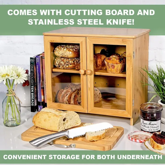 Caja de pan de bambú multifuncional de 2 capas con tabla de cortar para encimera de cocina y panadería