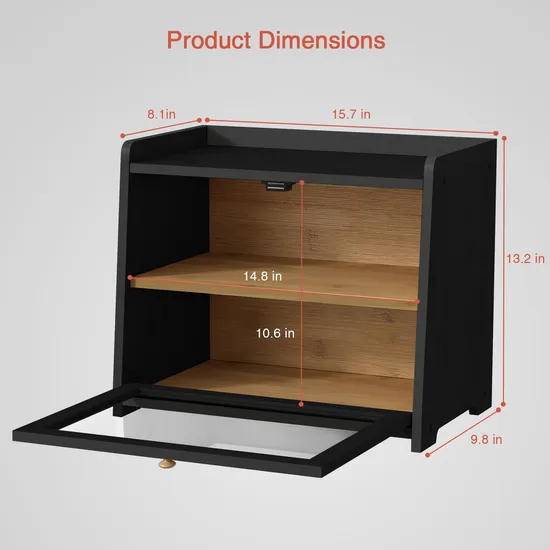 Caja de almacenamiento de pan de cocina de bambú de 2 niveles de color negro duradero