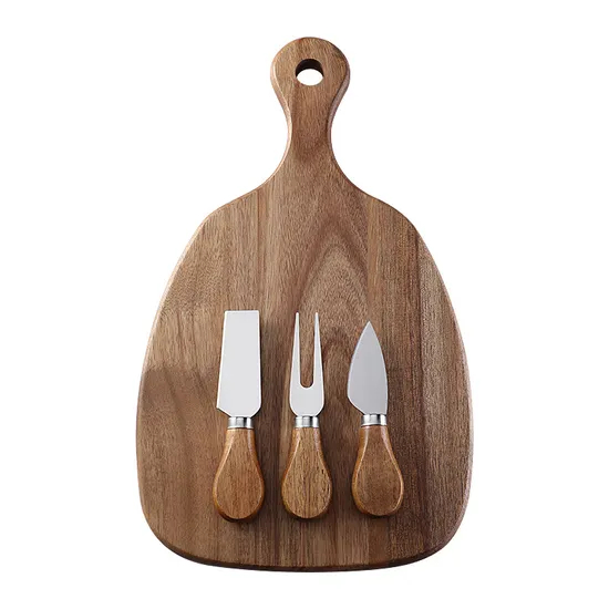 Tabla de quesos de acacia personalizada con forma de paleta y juego de cubiertos