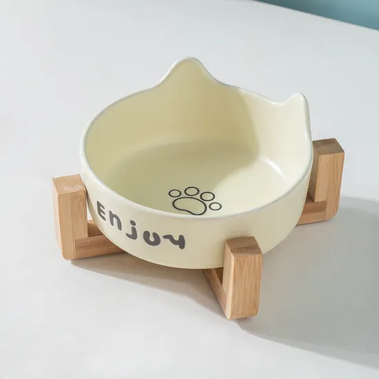 Cuenco de cerámica para perros y gatos con estante de madera de bambú