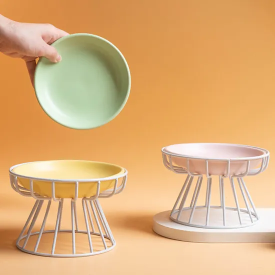Cuencos de cerámica multicolores para gatos con plato de comida para mascotas con soporte de metal