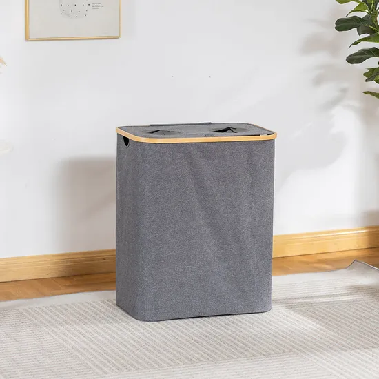 Cesto para la Ropa sucia de Tela de Bambú con Doble Apertura de 160 L Cesto de Almacenamiento de Gran Capacidad con Compartimentos Dobles.