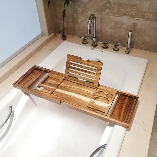 Bandeja extensible de lujo para bañera de madera de acacia con soporte para vino y soporte para libros