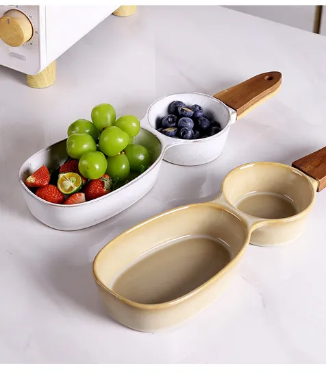 Mango de madera, cuenco de cerámica para aperitivos, plato de cerámica para servir, plato contenedor para ensalada