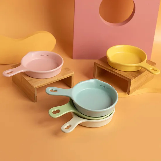 Olla de cerámica con fondo plano, cuenco para gatos, cuenco para alimentación lenta, cuenco para beber con asa y soporte de bambú