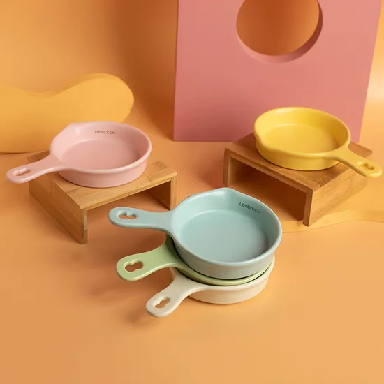 Olla de cerámica con fondo plano, cuenco para gatos, cuenco para alimentación lenta, cuenco para beber con asa y soporte de bambú
