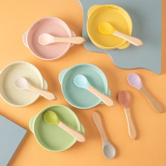 Suministros para mascotas, cuchara de alimentación para perros y gatos de silicona con mango de madera de haya