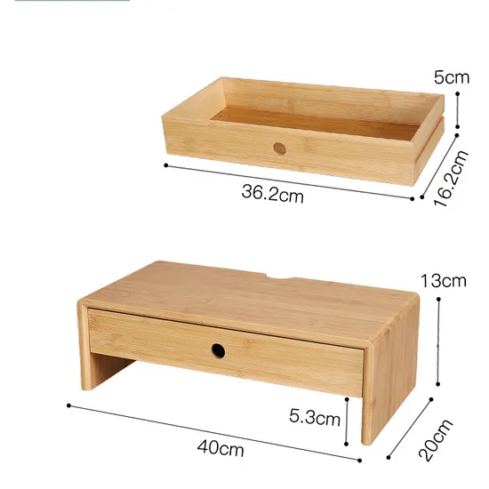 Soporte de bambú para monitor de computadora con cajones organizadores de almacenamiento