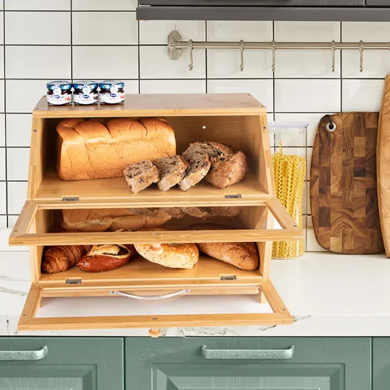 Caja de pan para encimera de cocina, contenedor de almacenamiento de pan y alimentos de gran capacidad de 2 niveles