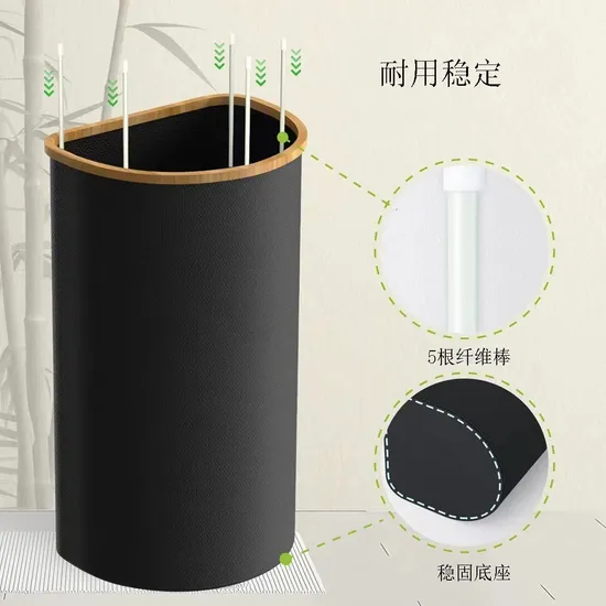 Organizador de botellas de almacenamiento de tela plegable en forma de D y cesta de lavandería con marco de bambú