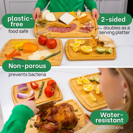 Juego de 3 bloques de cortar de bambú grandes para cortar frutas y verduras