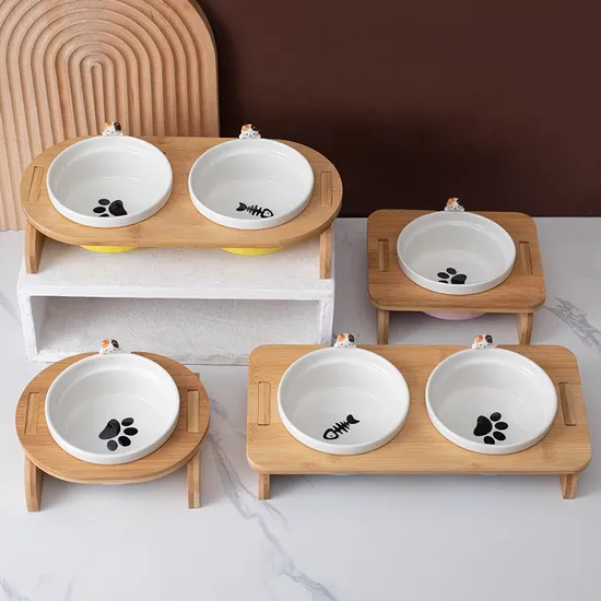 Ningún plato de cerámica del cuenco del animal doméstico del derrame con el cuenco doble de cerámica del animal doméstico del soporte de madera para el gato del perro