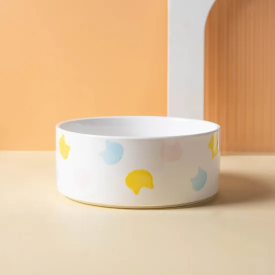 Tazón de comida para mascotas de cerámica de diseño personalizado redondo con base de madera