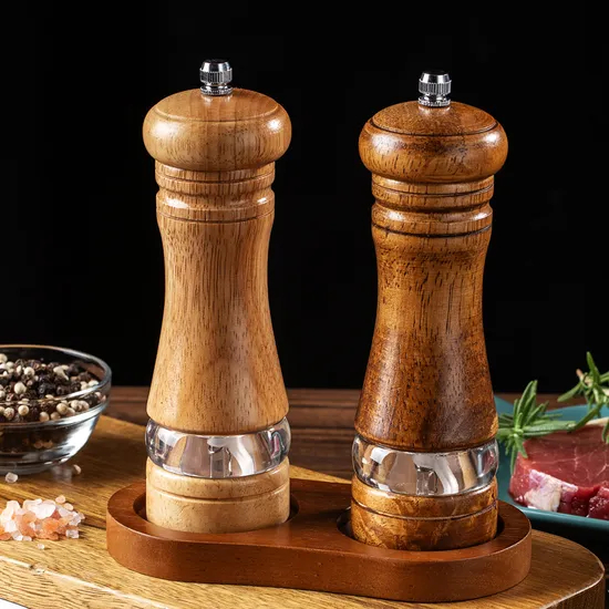 Molinillo de pimienta Manual versátil de madera de caucho y acrílico de 6 pulgadas, botella de molienda para condimentos