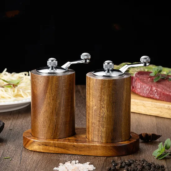 Jarrón molinillo de pimienta de madera de acacia con manivela y bandeja