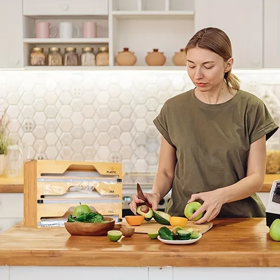 Caja de almacenamiento y cortador de envoltorios para alimentos de bambú y madera