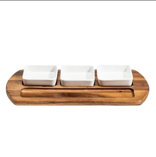 Bandeja/platos grandes de madera de acacia para servir con 3 platos cuadrados de cerámica para servir