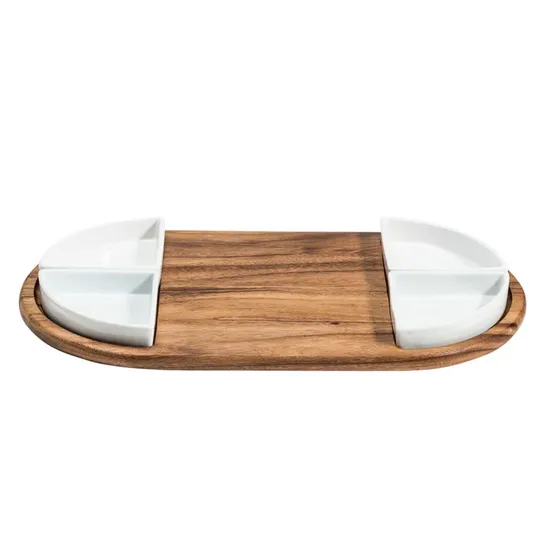 Bandeja para servir tabla de quesos de acacia con 4 tazones de cerámica