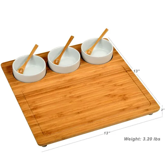 Tabla de quesos de bambú de 13 pulgadas/plato de charcutería con 3 tazones de cerámica con cucharas de bambú y marcadores de queso