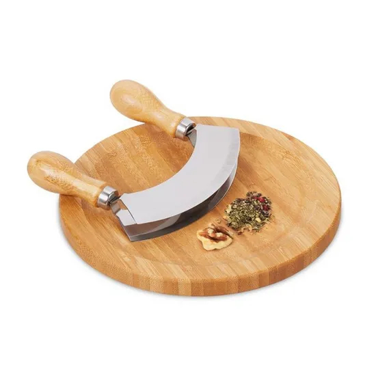 Cuchillo Media Luna y Tabla de Madera de Bambú de 20 Cm con Picador de Hierbas de Acero de Doble Hoja